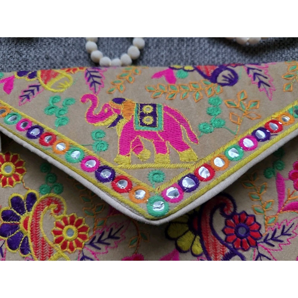 Embroidered Crossbody Bag Elephant PomPom Strap Boho Festival Purse - Picture 12 of 14